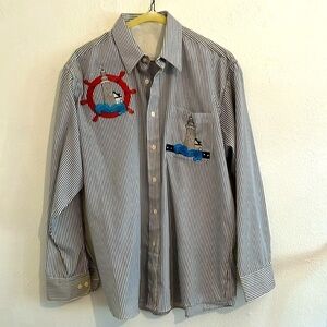 Black and White Striped  Nautical Long Sleeve Blouse With Lighthouse Appliqué  M